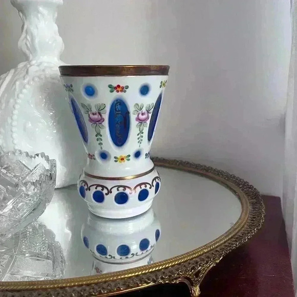 Bohemia Czech Table Vase white clear cut to blue glass design Pokal Goblet Vase - Picture 5 of 9